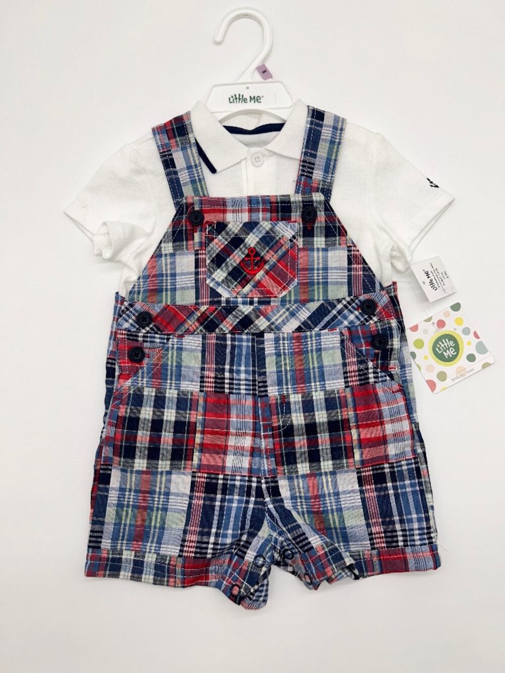 NWT Little Me Boys 9M Cotton 2pc Plaid Overalls Set